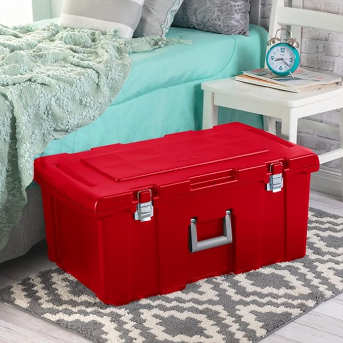 Sterilite Wheeled Footlocker, Lockable Plastic Utility Storage Bin with Lid, Red - Heavy-Duty Organizing Containers for Home, Office, Garage, and Basement