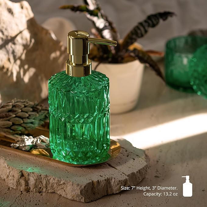 EMPO Clear Glass Soap Dispenser with ABS Plastic Pump, Crystal Lotion Dispensers for Kitchen Sink, Bathroom (Vintage Jade)