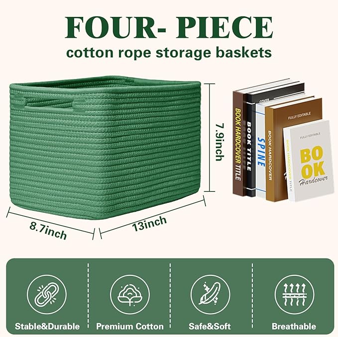 Storage Baskets for Organizing, 4 Pack Baskets for Shelves, Decorative Storage Bins for Shelves, Cotton Rope Storage Basket with Handles, Woven Basket for Storage, 13''Lx8.7''Wx7.9''H, Green
