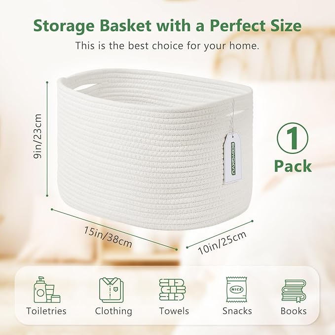 Cotton Rope Storage Basket, 15x10x9 Inches, Woven Basket for Shelves, Clothes, Towels, Books, and Laundry, White (1 Pack)