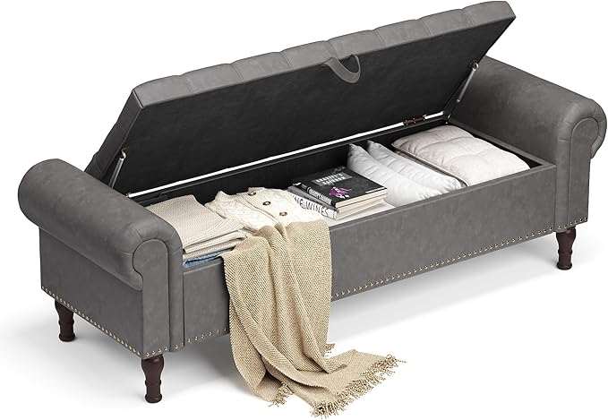 YOUDENOVA Storage Ottoman Bench, 60" Large Ottoman Foot Rest with Rolled Arms, Upholstered Storage Chest with Vintage Rivets for Living Room, Bedroom, Entryway, Grey