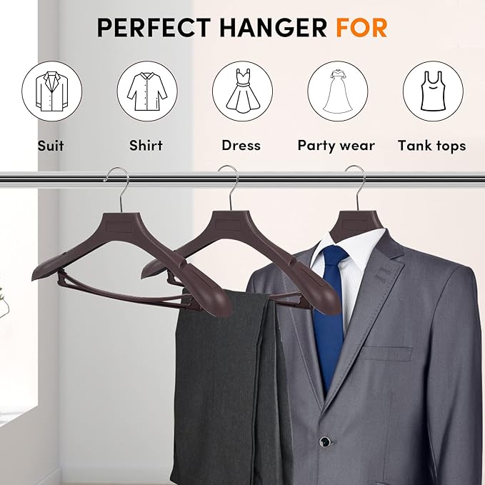 DEDU Suit Hangers for Men 20 Pack, Brown Coat Hangers Extra Wide Non Slip Width 17.7", Thick Plastic with Pants Bar & Metal Hook