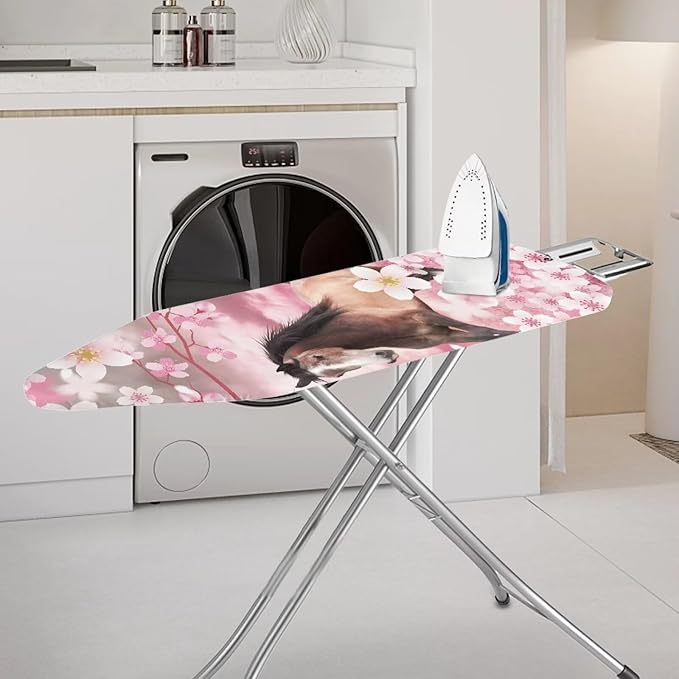 GLENLCWE Pink Horse Cherry Blossom Ironing Board Cover and Pad,Thick Heavy Duty Ironing Board Replacement Padding Standard Size 15X54Inch,Washable