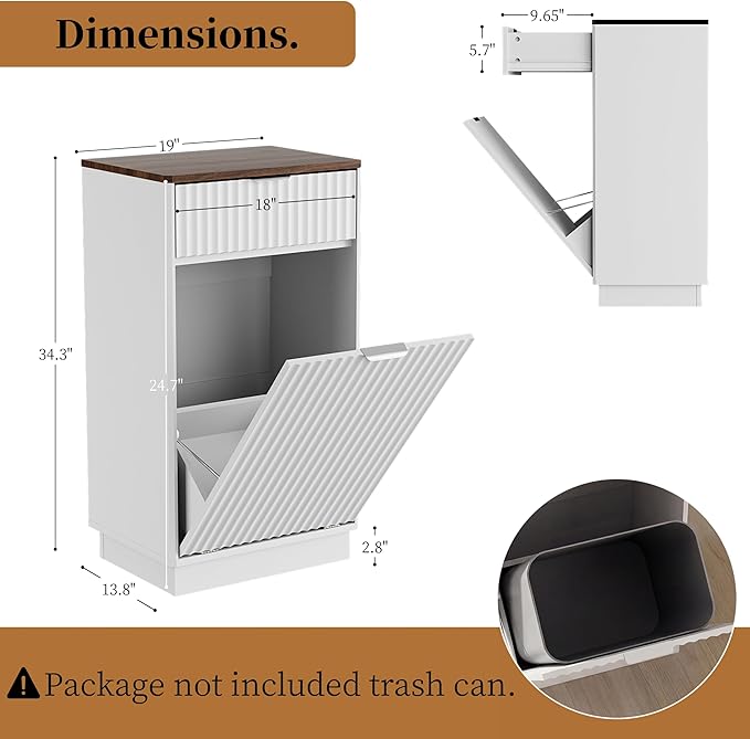 Tilt-Out Trash Cabinet, White Laundry Hamper Cabinet with Black Top, 34.3 x 19 x 13.8 inches, 10 Gallon Capacity, Wave-Textured Front, Storage Drawer.