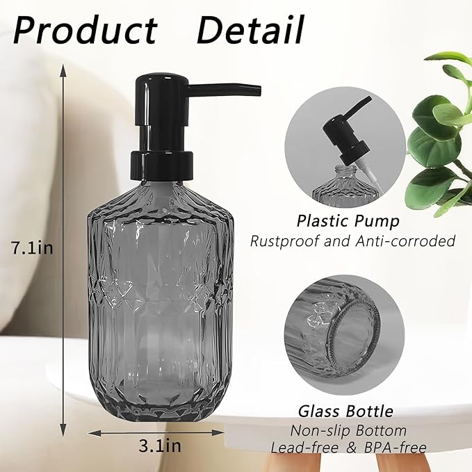 Glass Soap Dispenser with Plastic Pump, 15oz Refillable Glass Liquid Hand Soap Dispenser Set, Lotion Dish Soap Dispensers for Modern Home Decor, Bathroom, Kitchen Countertop, Hotel (Dark Grey)