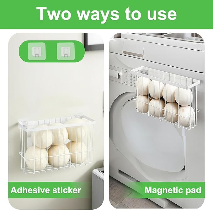 2 Pack Magnetic Basket, Dryer Ball Holder for Laundry Room Organization, Magnetic Lint Bin Storage Wool Dryer Balls and Socks, Lron Dryer Ball Container for Laundry Room Storage, White (No Balls)