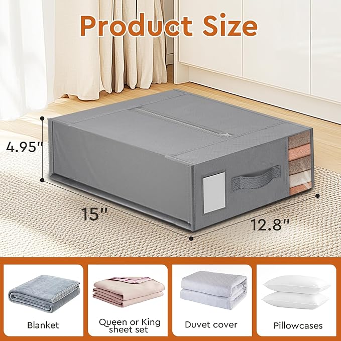 6 Pack Bed Sheet Closet Organizers and Storage,Sturdy Foldable Storage Containers with Window and Label,Storage and Organization for Bedding Sheets,Duvet Covers,Blankets (Grey)