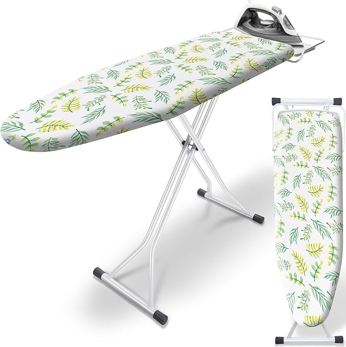 SheeChung Ironing Board 13"x43",Foldable Ironing Boards with Iron Rest,Compact Ironing Board for Small Space,Heat Resistant Cover,7 Adjustable Height,Heavy Duty Sturdy Legs,Yellow Leaf