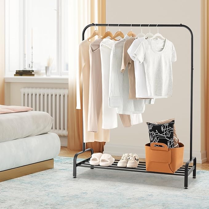 Tangkula Metal Garment Rack, 44” Clothing Rack with Top Rod and Lower Storage Shelf, Adjustable Feet, Anti-slip Clips, Heavy Duty Clothes Hanging Garment Racks for Bedroom, Living Room, Black