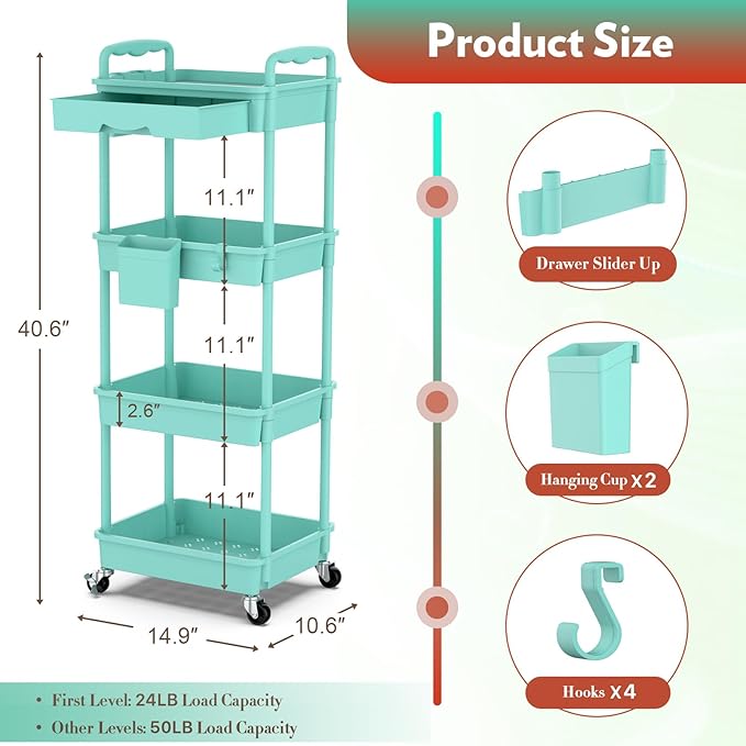 Makeup Cart Organizer with Drawers, 4 Tier Floor Skincare Organizers for Vanity, Rolling Makeup Bathroom Storage Cart Cosmetics Display Cases for Skin Care Perfume Nail Polish, Blue