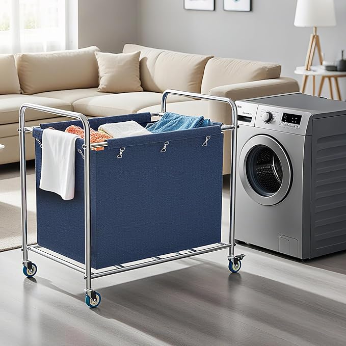 Commercial Laundry Cart with Wheels, 440 lbs Heavy Duty Industrial Laundry Cart with Sturdy Frame and Oxford Bag for Home Hotel Hospital, Rolling Laundry Cart for Home & Hotel, 400L(Blue)