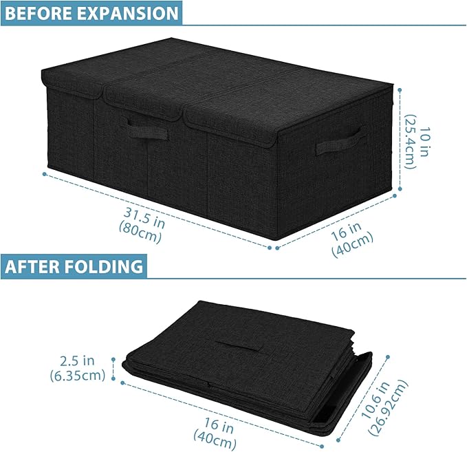 Deep Under Bed Storage Container, 10" Tall Height Underbed Box Bin with Lids 31" Long Large Basket for Under Bed, Bedroom, Dorms, Clothes, Bed sheets, Blankets, 2 Pack, Black