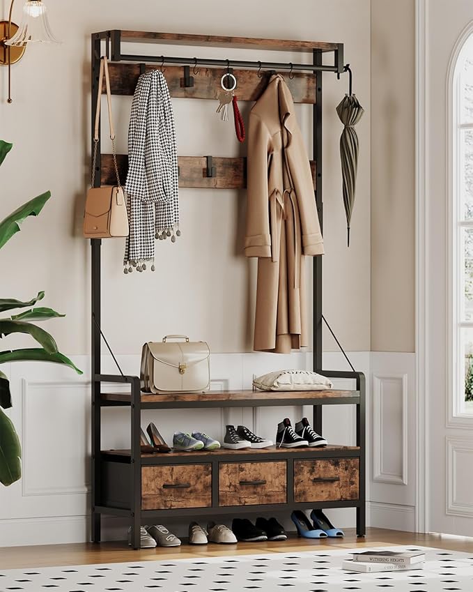 Hall Tree with Bench and Shoe Storage, Freestanding Entryway Coat Rack with 3 Fabric Drawers, 16 Hooks