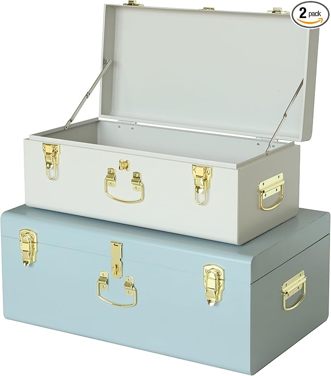 Vixdonos Decorative Large Metal Box Storage Trunk Chest Set of 2 College Dorm Organizer with Hardware Hasps and Handle for Home Deocr,23.7X14.2X9.5 Inches(White and Blue)