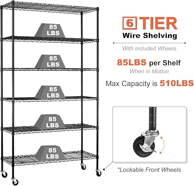 YRLLENSDAN 6 Tier Shelf Heavy Duty Metal Shelving Unit with Wheels, Adjustable Wire Storage Shelves 2100LBS Capacity, Garage Shelving for Pantry, Kitchen, Closet, Black, 18" D x 48" W x 82" H
