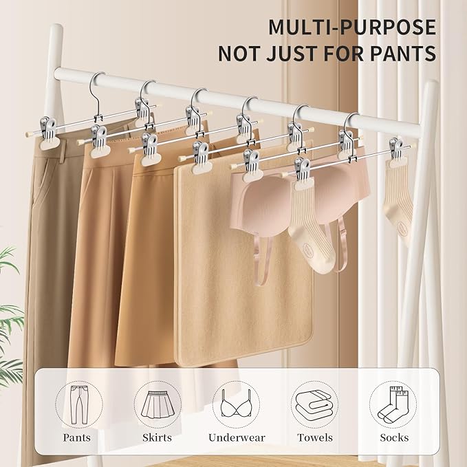 Pants Hangers with Wide Clips 50 Pack Adjustable Skirt Hangers for Women Non-Slip Clothes Hanger for Pants Heavy Duty Space Saving Trousers Hanger for Jeans,Shorts Ivory,12Inch