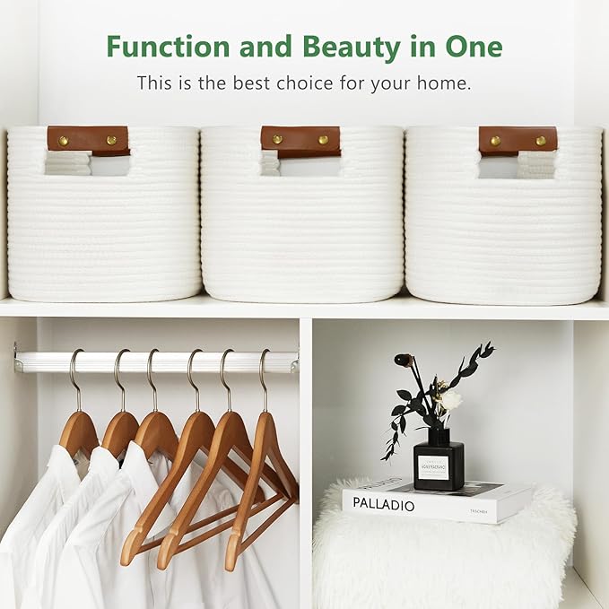 Cotton Rope Basket, Storage Baskets with Handle, 15x10x9 Inch Woven Basket for Shelves, Laundry, Towels, Clothes, Books (White 3Pack)