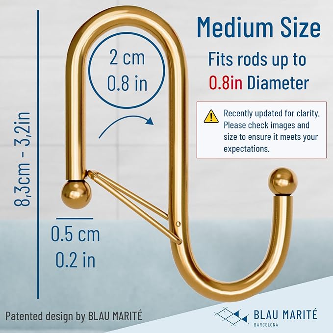 10-Pack Metal S Hooks for Hanging – Heavy-Duty S-Shaped Hook with Safety Buckle – Fits Bars up to 0.8 In – Anti-Drop S-Hooks for Kitchen, Bathroom, Closet & Pot Racks – Gold (Medium)