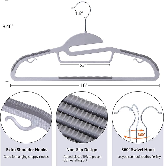 SUPER DEAL Plastic Hangers 50 Pack, S-Shaped Opening Clothes Hangers with Lateral Hooks, Non Slip Rubber Pads, 360 Degree Swivel Hook for Bedroom Closet,Shirts,Pants,Coat, Space Saving Organizer, Grey