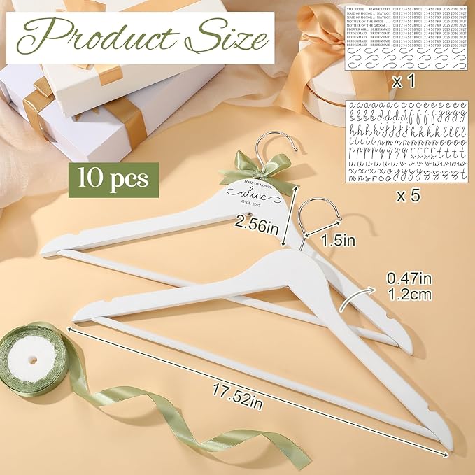 Chunful 10 Pack Personalized Bride Hanger for Wedding Dress Custom Name White Wooden Bridal Hangers with UV Dtf Transfers Natural Wood Dress Hanger with Ribbon Bow Bride Wedding Gift