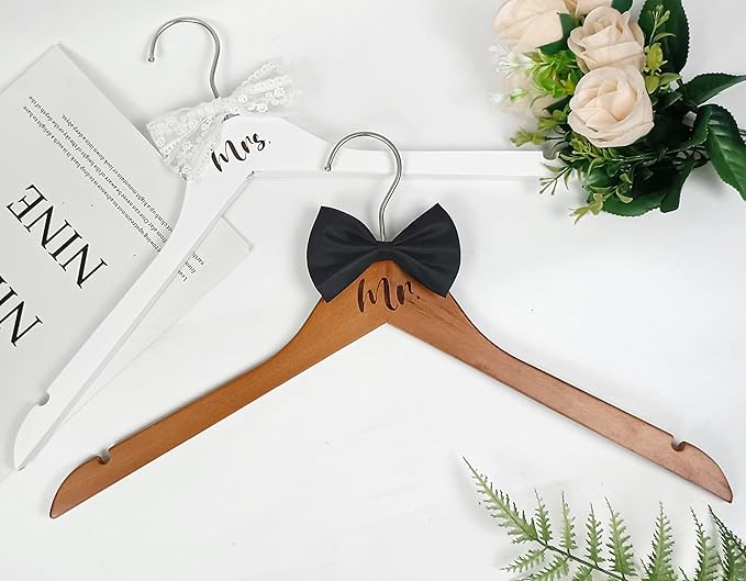 Mr. and Mrs. Wooden Bride Hanger, Wedding Dress Hangers for Bride with White Bow - Groom's Hanger with Black Bow Tie - Set of 2 (White + Vintage)