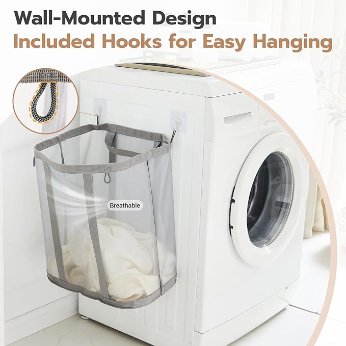 Mesh Laundry bag with Handles, 42L Collapsible Laundry Basket with 2 Hooks, Wall-Mounted Foldable Laundry Hamper Hanging for Bathroom, Dorm or Travel (Grey, 1 Pack）