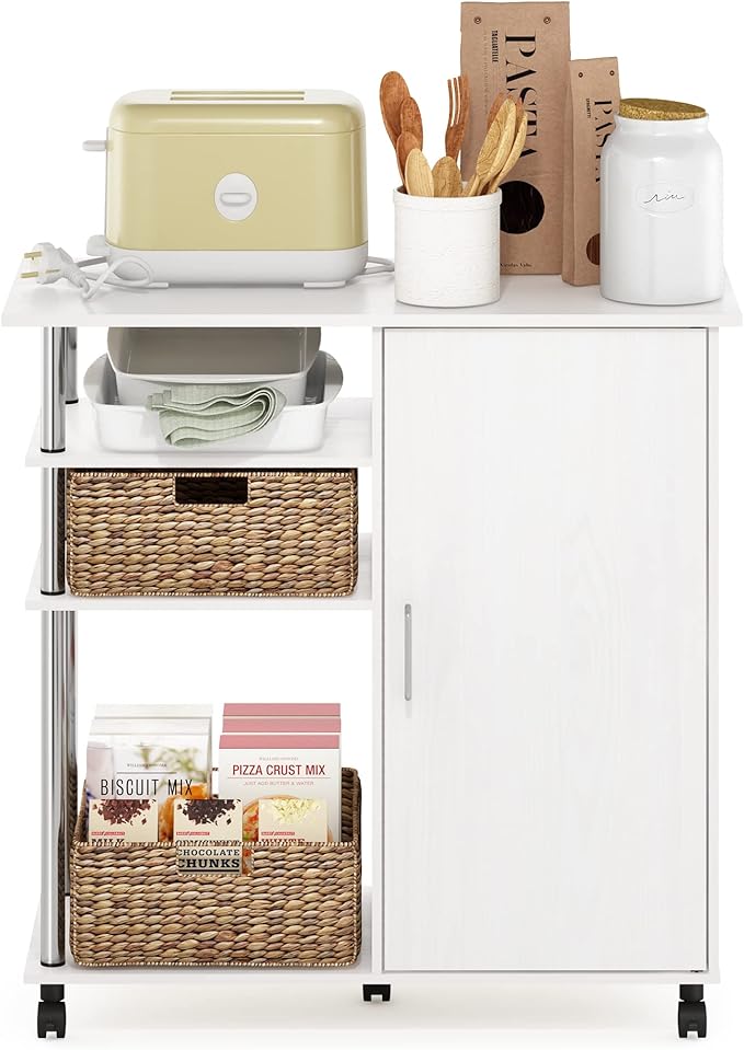 Furinno Helena Utility Kitchen Island and Storage Cart on Wheels, 4-Tier, Stainless Steel Tubes, White Oak/Chrome
