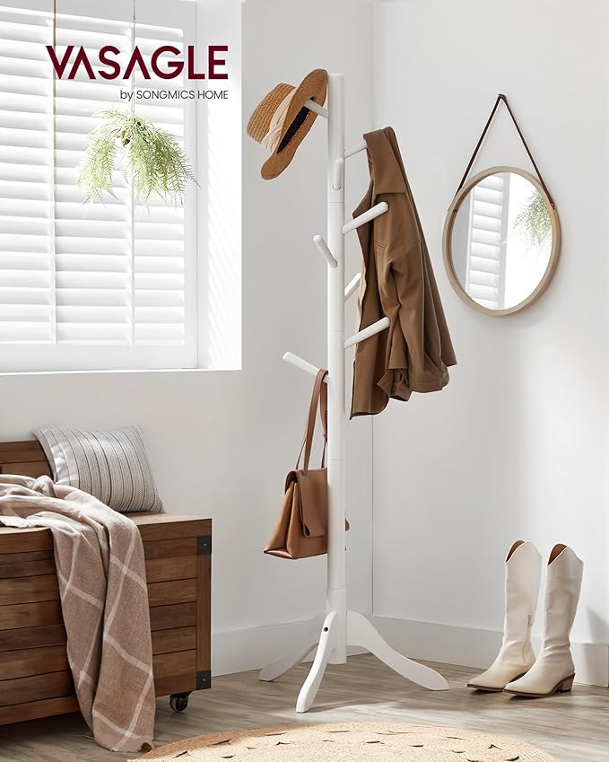 VASAGLE Solid Wood Coat Rack, Free Standing Tree-Shaped Coat Rack with 8 Hooks, 3 Height Options, for Clothes, Hats, Bags, Living Room, Bedroom, Home Office, Cloud White URCR01WT