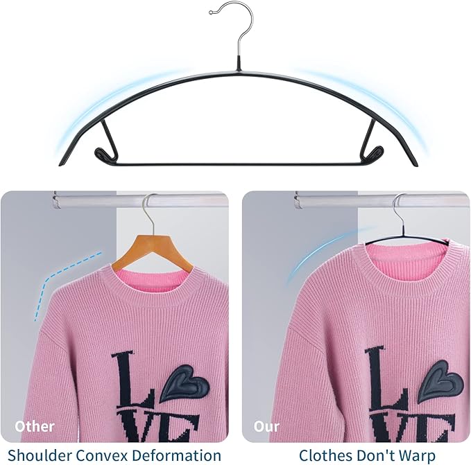 Black Hangers 20 Pack - No Shoulder Bump Non-Slip Rubber Coating Contour Metal Hangers for Sweaters, Coats & Clothes, 15 lbs Weight Capacity, Non-Slip, 16.5 Inch