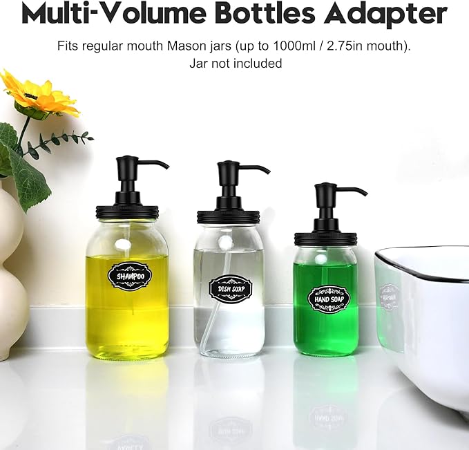 Plastic Soap Dispenser Set, 1.2CC Rustproof Pump and Lids for Regular Mouth Mason Jars, Quick Assemble Accessories for Farmhouse Kitchen Bathroom Counter Decor - 4 Pack Black