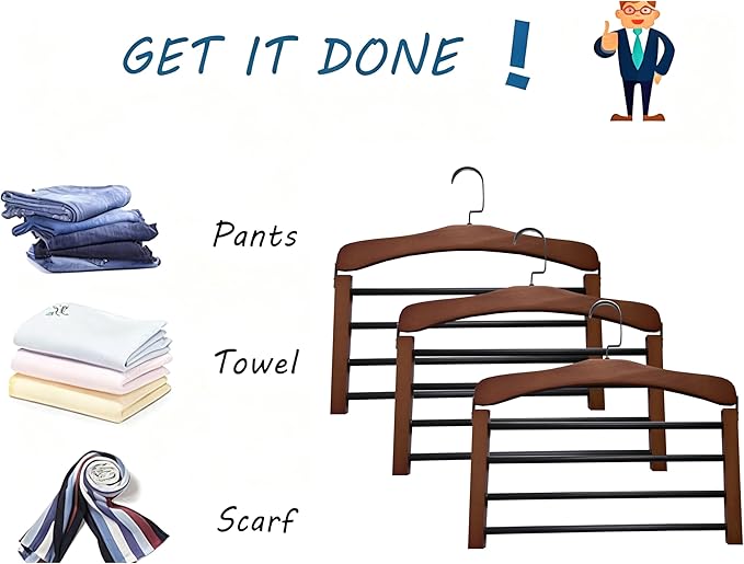 Wooden Pant Hanger Space Saving - 4 Tier Closet Storage Hanger Organizer for Jeans Legging Scarves Pants Towels, 2 Packs, Brown