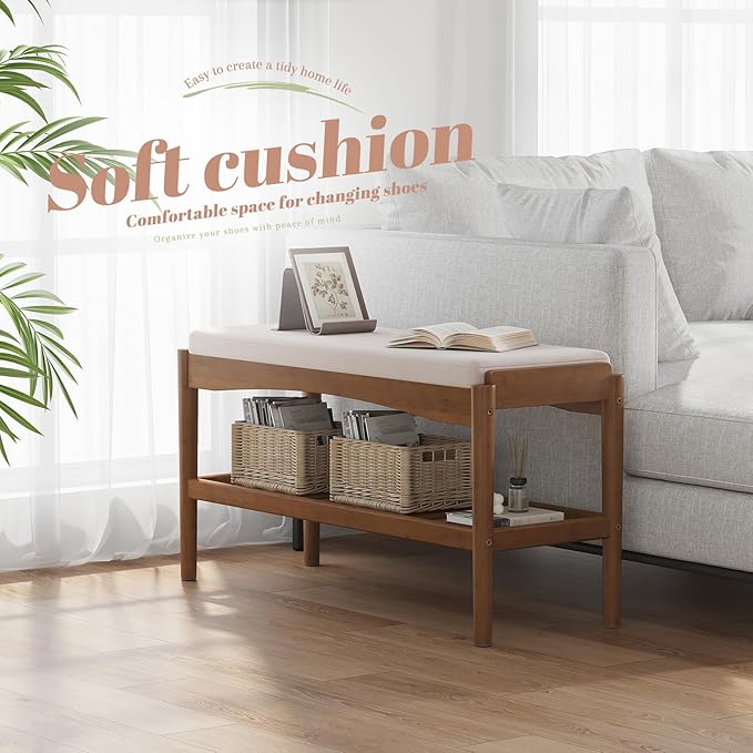 Shoe Bench Entryway Bamboo 2-Tier Shoe Rack with Cushion Padded Seat Shoe Bench Organizer Stable for Entry, Hallway, Living Room, Bedroom, Closet (31.5 * 11.4 * 16.5IN, Brown-Beige)