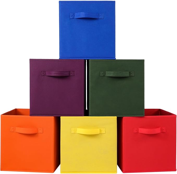 Stero 13x13x13 Inch Fabric Storage Bins 6 Pack Fun Colored Durable Storage Cubes with Handles Foldable Cube Baskets for Home, Kids Room, Closet and Toys Organization Orange-Multi Colors-2