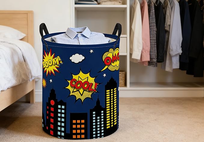ESSME Kids Laundry Basket,Spider Hamper Collapsible Canvas Waterproof Storage Bin foBoys, Cute Hamper,Gift Baskets(Blue City)
