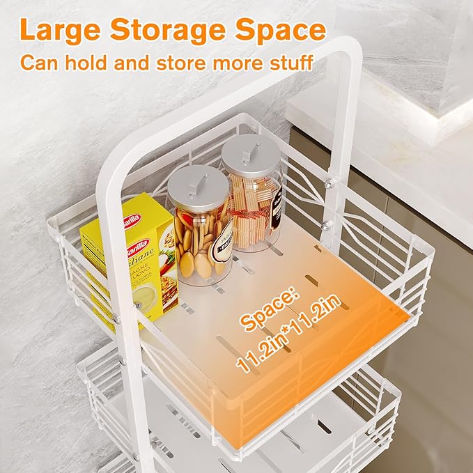 3 Tier Rolling Cart, Heavy Duty Metal Utility Cart with 4 Lockable Wheels & Handle, Multi-Purpose Storage Organizer for Kitchen, Bathroom, Laundry Room, Pantry, Office, Craft, Makeup (White)