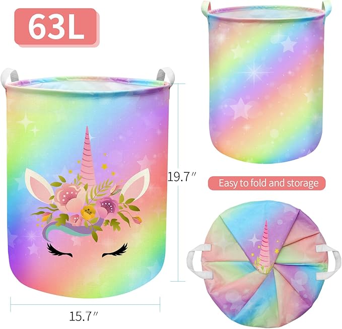 Unicorn Laundry Basket Hamper Large Sized Round Storage Basket Waterproof Bin Collapsible Laundry Basket for Room Organizer, Bedroom Nursery Playroom Clothes (62.8L)
