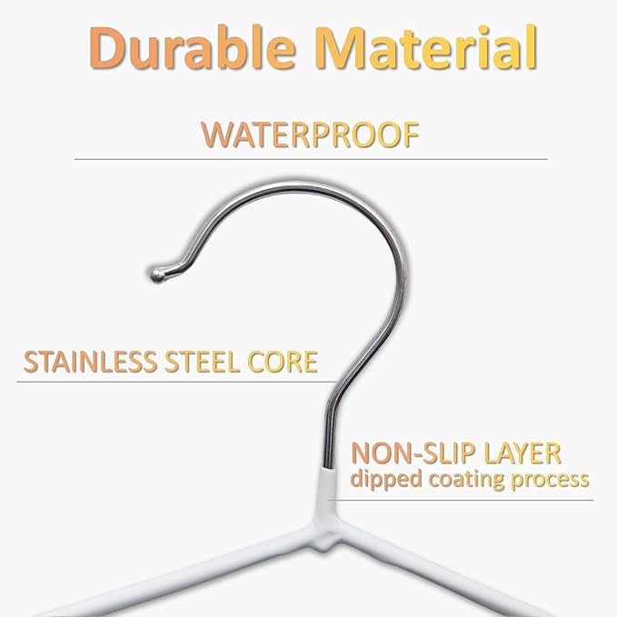 ‌Stainless Steel Heavy Duty Hangers - Non-Slip Rubber Coated, Space Saving Ultra Thin Design for Coats, Pants & Dresses (50 Pack, White)