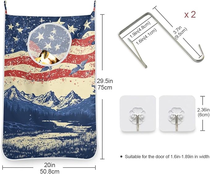 July 4th Flags Mountains Blue Door Hanging Laundry Hamper Bag with Free Adjustable Stainless Steel Hooks Dirty Clothes Hamper Extra Large Over the Door Laundry Hamper 29.5X20inch 2Pack