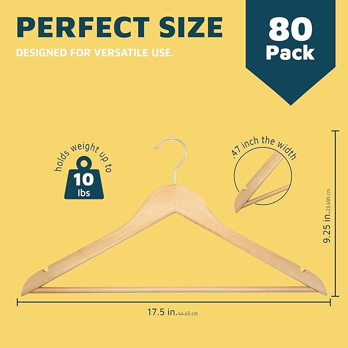 Lifemaster Wooden Hanger Set - 80 Pieces Non-Slip Versatile Closet Space-Saving Hanger Set for Suit, Coat, Camisole, Jacket, Pants, and Dresses with Rotating Swivel Hook - Natural Wood