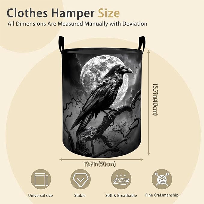 Raven Moon Laundry Basket Hamper for Boys Girls Kids Adults, Foldable Waterproof Oxford Clothes Storage Bin, Gothic Spooky Organizer for Bedroom Bathroom Room Decor 19.7"x15.8"