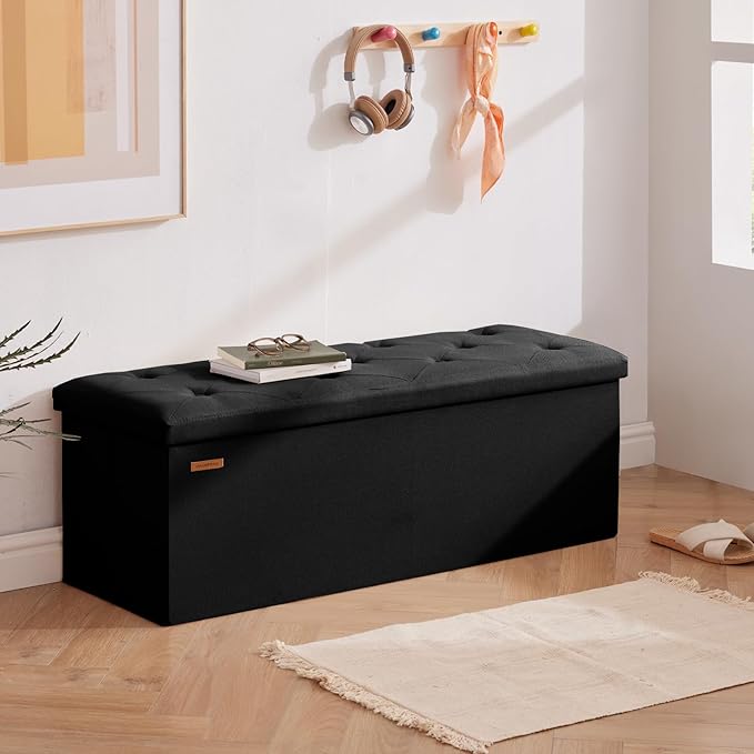 HAUSFRAU Storage Ottoman Bench with Flipping Lid, 43.3 Inches Storage Chest Footsrest, Folding Foot Stool for Entryway, Living Room, Bedroom, Linen Black
