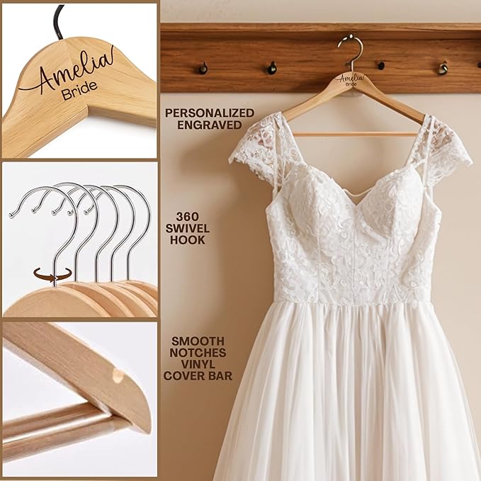 Personalized Custom Bridesmaid Hangers - Engraved Wood Wedding Dress Hangers with Name & Date - 2 Pack