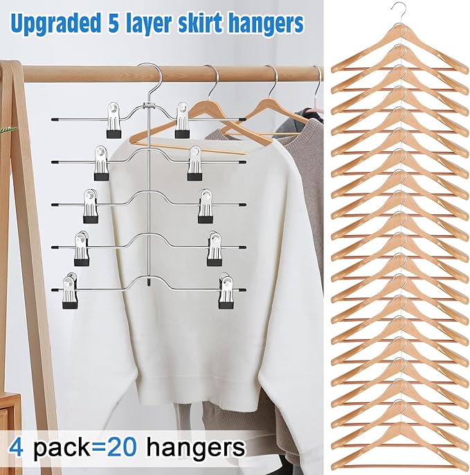 Pants Skirt Hangers with Clips, 4 Pack Pant Hangers Skirt Hangers Space Saving Closet Hanger Organizer Closet Organizers and Storage