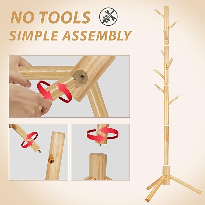 Durable Wooden Coat Rack, Freestanding Coat Rack with Stable Triangular Base, 8 Hooks & 3 Adjustable Heights, Simple Assembly for Bedroom, Hallway, Office(New Nature)
