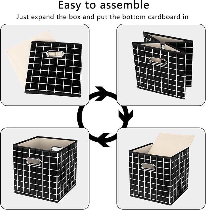 Yunkeeeper storage bins Cubes, Fabric Cube Organizer with Handle, Foldable Cube Bins for Cloth or Accessary Storage, 11x11x11, Set of 3,(Black grid)