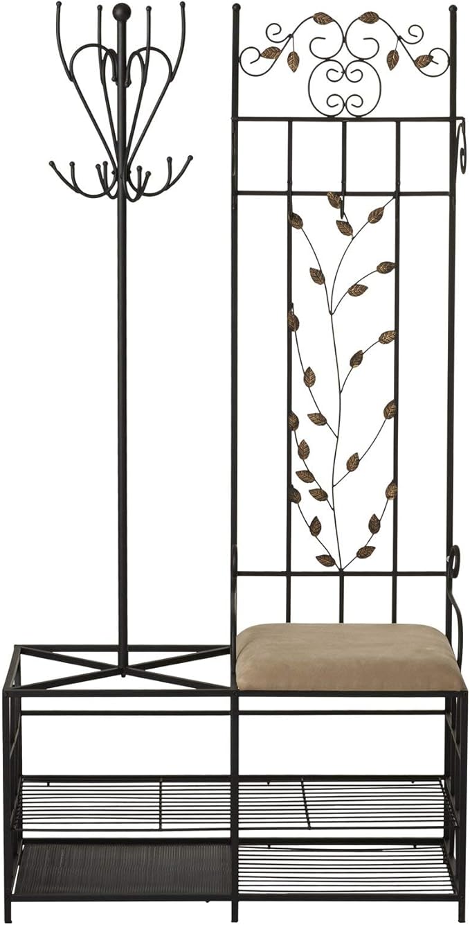 KB Designs - Metal Hall Tree Coat Rack with Shoe Storage Bench, Black
