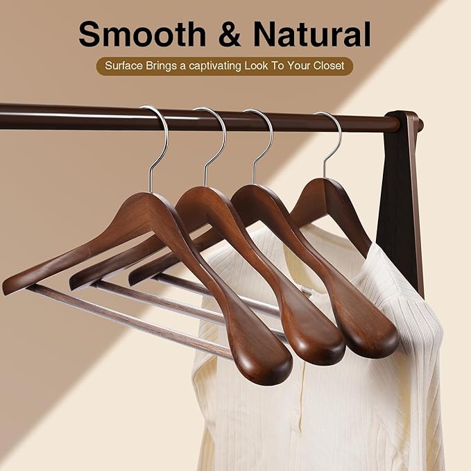 Suit Hangers 6 Pack,Wide Shoulder Wooden Hangers,Solid Wood Coat Hangers with Heavy Duty Retotating Hooks & Non Slip Pants Bar,Smooth Finish Clothes Hanger for Sweater, Pants, Jacket(Walnut)