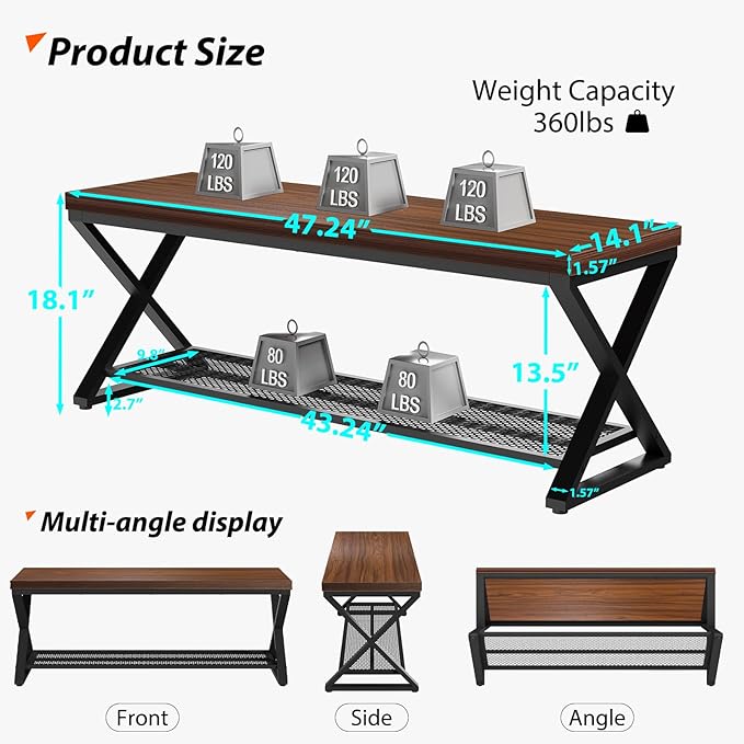 LVB Entryway Bench with Storage, Wood and Metal Indoor Bench for Entry Way, Simple Accent Shoe Rack Bench for Foyer Entrance, Long Wooden Hallway Bench with Seating for Living Room, Walnut, 47 inch