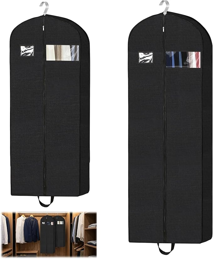2-Pack Garment Bags for Storage & Travel - 60" & 43" Hanging Clothes Bags with 4" Gusset, Clear Window, Handle & ID Holder | Suit, Dress, Coat Covers for Closet Organization