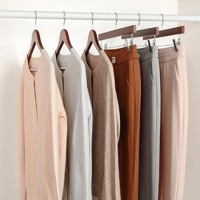 TOPIA HANGER Walnut Wood Pants Hangers, Wooden Skirt Short Jeans Trouser Hanger with Smooth Surface 360° Swivel Hook Anti Rust 2 Adjustable Clips, 20 Pack, CT10PWA20